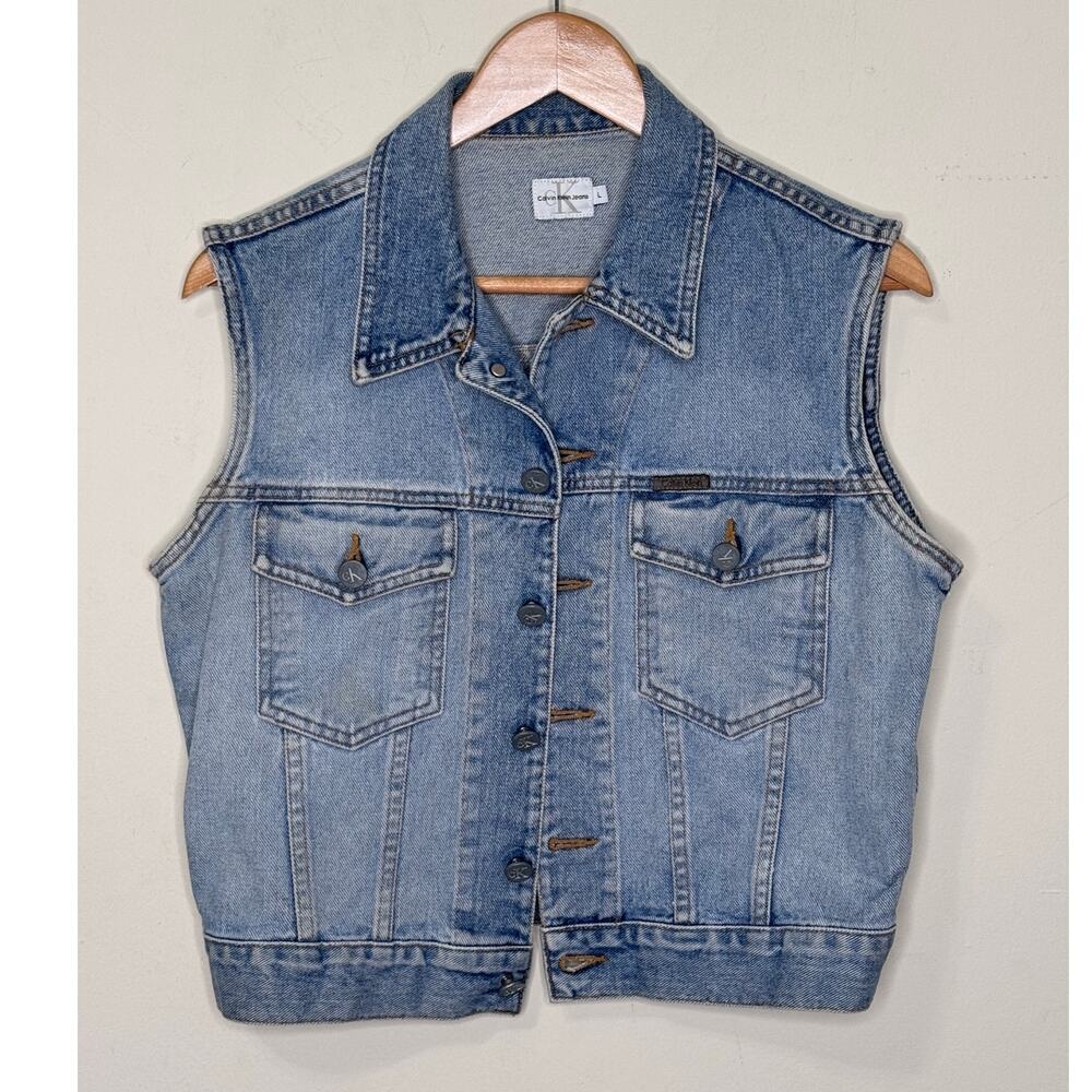 CALVIN KLEIN Denim Vest Womens Size L Blue Button Up Cotton Pockets USA